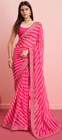 Pink and Majenta color Saree in Georgette fabric with Embroidered, Printed, Thread work