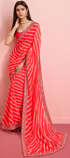 Orange color Saree in Georgette fabric with Embroidered, Printed, Thread work