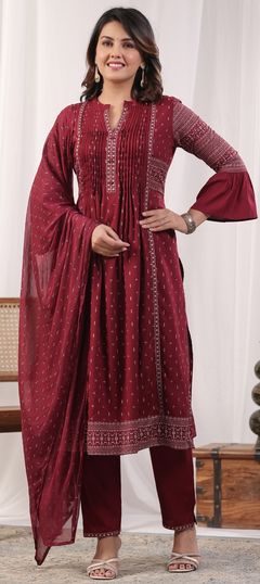 Festive, Reception, Summer Red and Maroon color Salwar Kameez in Cotton fabric with A Line Foil Print, Pleats work : 1948147