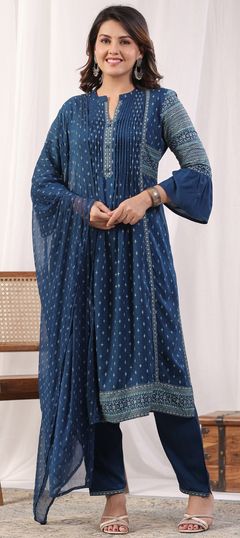 Festive, Reception, Summer Blue color Salwar Kameez in Cotton fabric with A Line Foil Print, Pleats work : 1948149