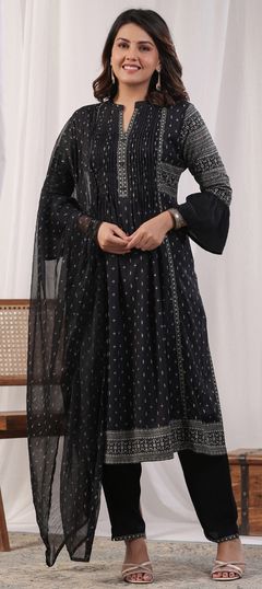 Festive, Reception, Summer Black and Grey color Salwar Kameez in Cotton fabric with A Line Foil Print, Pleats work : 1948151