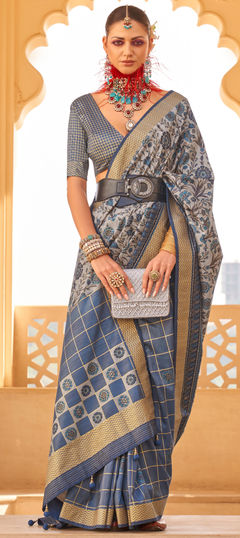 Black and Grey, Blue color Saree in Silk fabric with Printed work