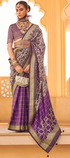 Purple and Violet, White and Off White color Saree in Silk fabric with Printed work