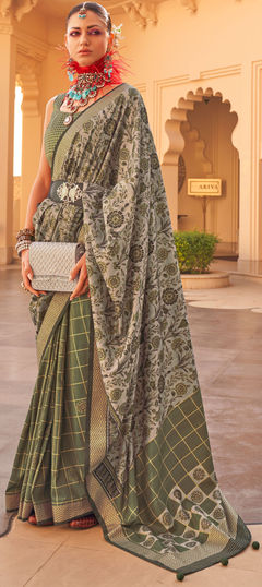 Green, White and Off White color Saree in Silk fabric with Printed work