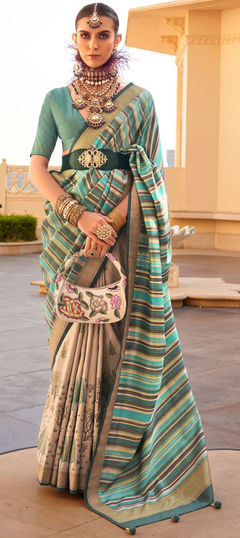 Green, White and Off White color Saree in Silk fabric with Printed work