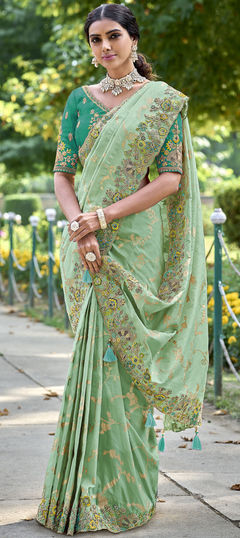 Green color Saree in Silk fabric with Embroidered, Resham, Stone, Zari work