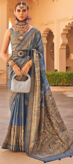 Blue color Saree in Silk fabric with Printed work