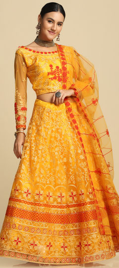 Engagement, Festive, Reception Yellow color Lehenga in Net fabric with Flared Embroidered, Thread work : 1948174