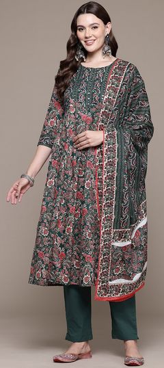 Festive, Reception, Summer Green color Salwar Kameez in Cotton fabric with Anarkali Floral, Printed, Sequence work : 1948177