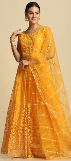 Engagement, Festive, Reception Yellow color Lehenga in Net fabric with Flared Embroidered, Thread work : 1948178