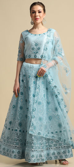 Blue color Lehenga in Net fabric with Embroidered, Thread work