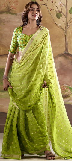 Green color Saree in Georgette fabric with Thread, Weaving work