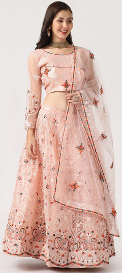 Festive, Mehendi Sangeet, Reception Pink and Majenta color Lehenga in Net fabric with Flared Embroidered, Resham, Thread work : 1948190