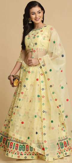 Festive, Mehendi Sangeet, Reception Yellow color Lehenga in Net fabric with Flared Embroidered, Resham, Thread work : 1948191