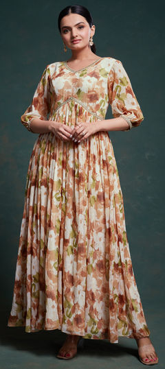 White and Off White color Gown in Georgette fabric with Printed work