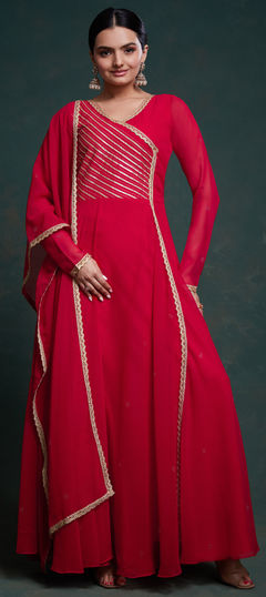 Red and Maroon color Gown in Georgette fabric with Gota Patti work