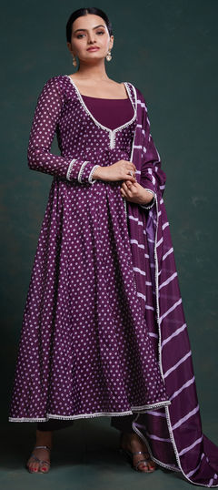 Purple and Violet color Salwar Kameez in Organza Silk fabric with Bandhej, Lace, Printed work