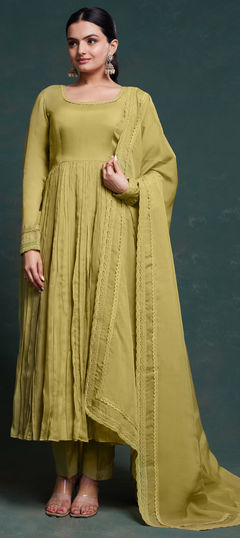 Green color Salwar Kameez in Organza Silk fabric with Lace work