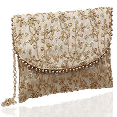 Party Wear Beige and Brown color Clutches in Art Silk fabric with Embroidered, Thread, Zari work : 1948272