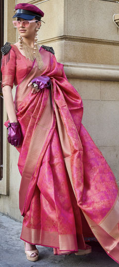 Pink and Majenta color Saree in Organza Silk fabric with Weaving work