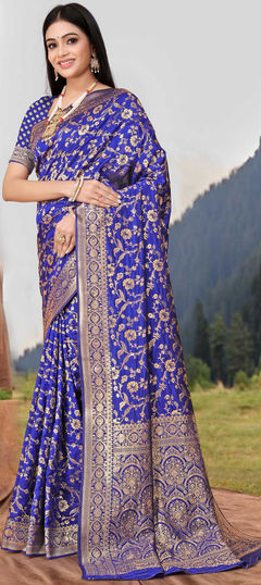 Festive, Traditional Blue color Saree in Banarasi Silk fabric with South Weaving work : 1948441