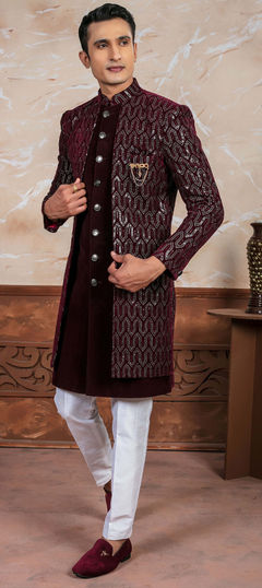 Red and Maroon color IndoWestern Dress in Velvet fabric with Embroidered work