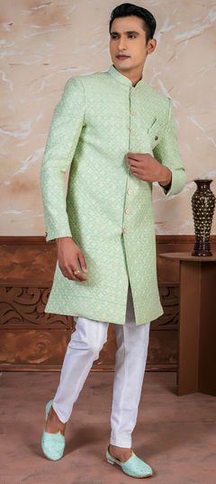 Green color IndoWestern Dress in Jacquard fabric with Embroidered work