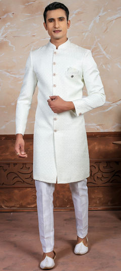 White and Off White color IndoWestern Dress in Jacquard fabric with Embroidered, Sequence work