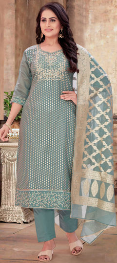 Engagement, Festive, Reception Blue color Salwar Kameez in Silk fabric with Straight Embroidered, Sequence, Thread work : 1948554