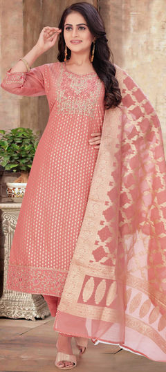 Engagement, Festive, Reception Pink and Majenta color Salwar Kameez in Silk fabric with Straight Embroidered, Sequence, Thread work : 1948556