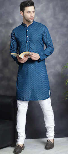 Wedding Blue color Kurta Pyjamas in Cotton fabric with Embroidered work : 1948595