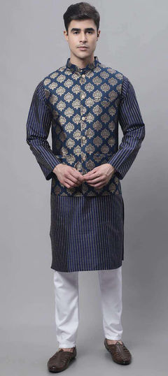 Blue color Kurta Pyjama with Jacket in Blended fabric with Weaving work