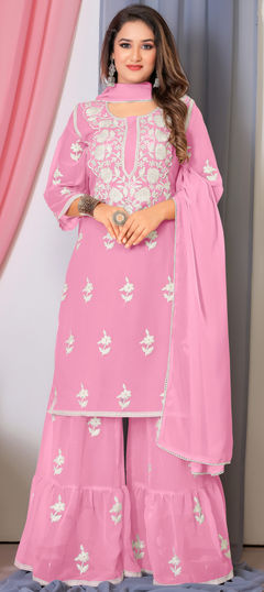 Pink and Majenta color Salwar Kameez in Georgette fabric with Embroidered, Resham, Thread work