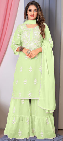 Green color Salwar Kameez in Georgette fabric with Embroidered, Resham, Thread work