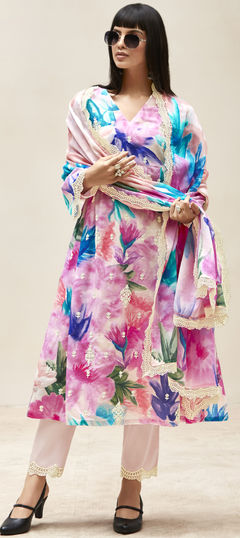 Pink and Majenta color Salwar Kameez in Linen fabric with Embroidered, Floral, Lace, Printed work