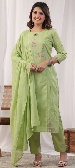 Festive, Party Wear, Summer Green color Salwar Kameez in Cotton fabric with Straight Embroidered, Resham, Sequence, Thread work : 1948651