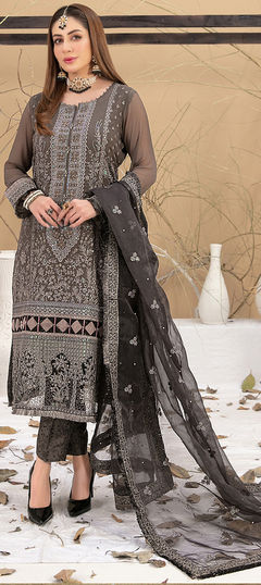 Festive, Reception Black and Grey color Salwar Kameez in Georgette fabric with Pakistani Embroidered, Thread work : 1948655