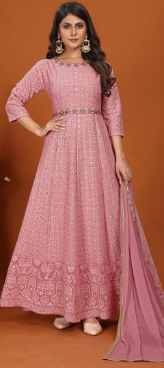 Festive, Party Wear, Reception Pink and Majenta color Gown in Faux Georgette fabric with Anarkali Embroidered, Sequence, Thread, Zari work : 1948667