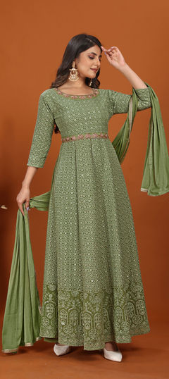 Festive, Party Wear, Reception Green color Gown in Faux Georgette fabric with Anarkali Embroidered, Sequence, Thread, Zari work : 1948668