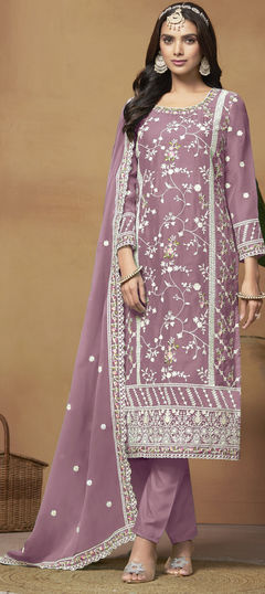 Purple and Violet color Salwar Kameez in Organza Silk fabric with Embroidered, Resham, Thread work