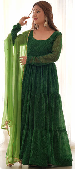 Green color Gown in Georgette fabric with Bandhej, Printed work