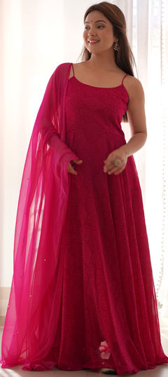 Pink and Majenta color Salwar Kameez in Georgette fabric with Bandhej, Printed work