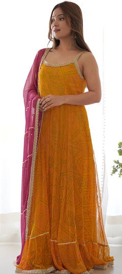 Purple and Violet, Yellow color Gown in Chiffon fabric with Bandhej work