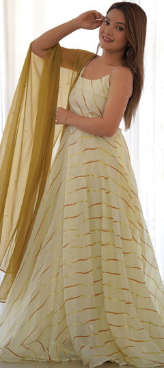 White and Off White color Gown in Kota Doria Silk fabric with Lehariya, Printed work