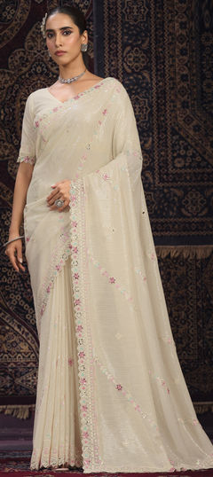 White and Off White color Saree in Georgette fabric with Mirror, Sequence, Thread work