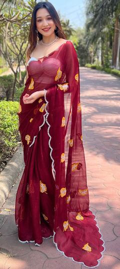 Red and Maroon color Saree in Chiffon fabric with Embroidered, Stone, Thread work