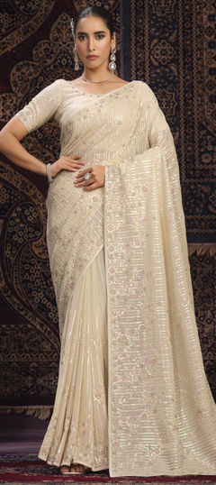 White and Off White color Saree in Georgette fabric with Sequence, Thread, Zircon work