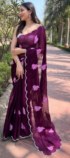 Purple and Violet color Saree in Chiffon fabric with Embroidered, Stone, Thread work