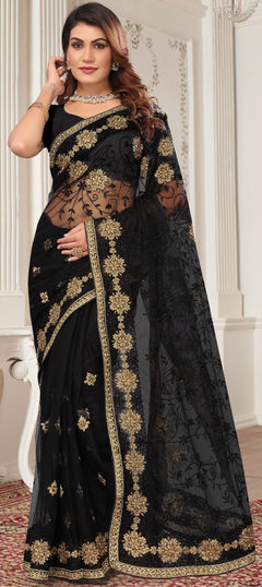 Black and Grey color Saree in Net fabric with Embroidered, Stone, Thread, Zari work