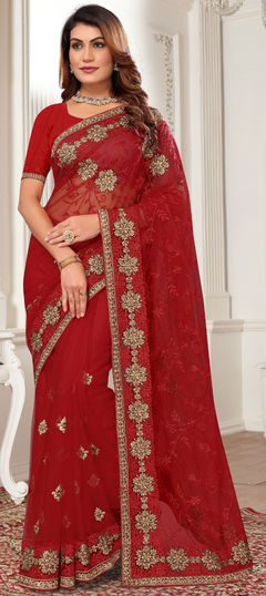 Red and Maroon color Saree in Net fabric with Embroidered, Resham, Stone, Thread, Zari work